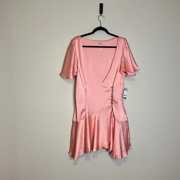 Free People Dress Scarlett Satin Ruffle Wrap Mini Peach Size XL NWT - Picture 6 of 11